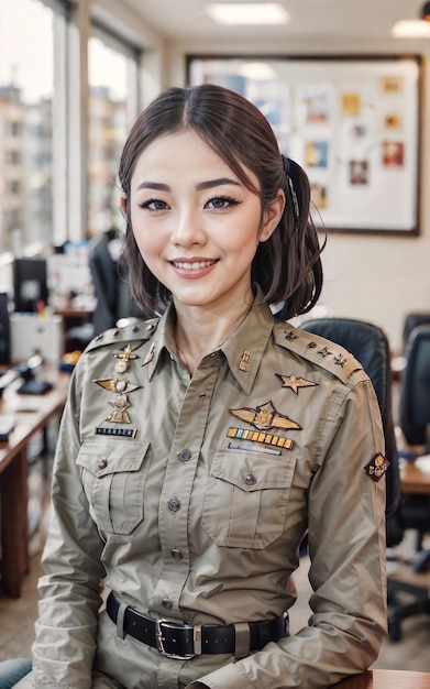 Hermosa mujer policía asiática tailandesa sonriente posando en la comisaría generativa AI
