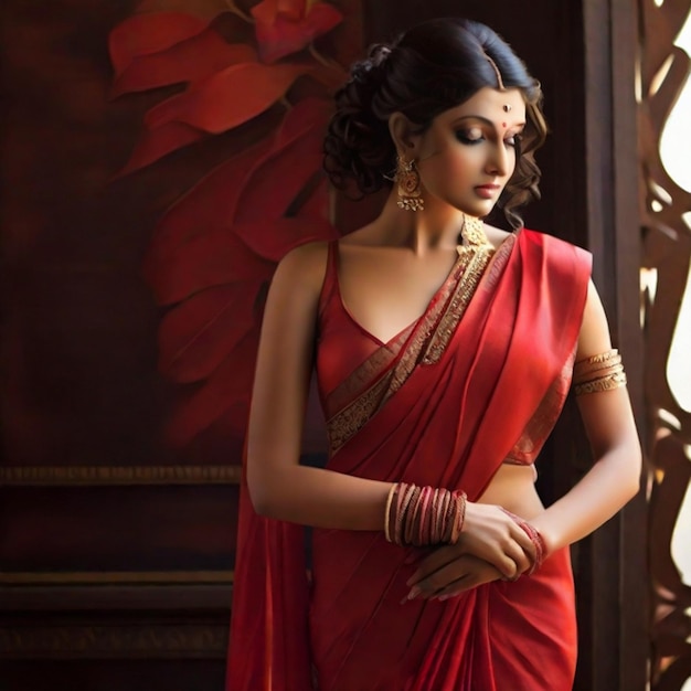 Una hermosa mujer posando con un sari rojo