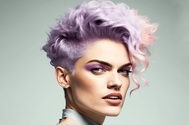 Hermosa mujer con pose de modelo de peinado multicolor moderno con cabello funky Generativo ai