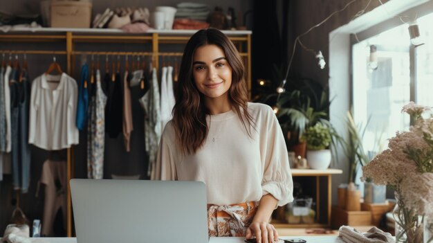 Hermosa mujer propietaria de una tienda de ropa parada en su tienda para vender ropa a los clientes Startup pequeña empresa PYME