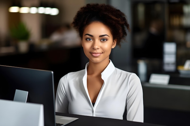 Hermosa mujer en la recepción de una oficina de negocios