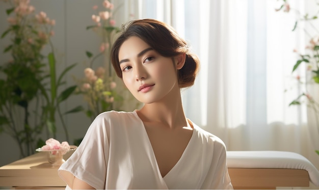 Hermosa mujer relajándose en la decoración de un salón de spa con flores en flor