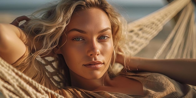 una hermosa mujer relajándose en una hamaca en la playa al estilo de rasgos faciales detallados