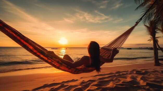 Hermosa mujer relajándose en una hamaca en la playa