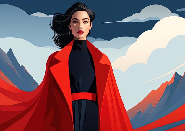 Foto una hermosa mujer de rojo con una capa y una camisa blanca personaje de dibujos animados en el estilo del arte negro