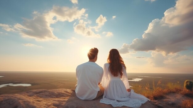 hermosa mujer romántica y hombre naturaleza ver el amanecer el atardecer o el amanecer romántico