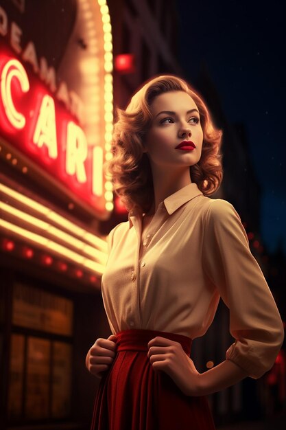 Foto una hermosa mujer con ropa de los años 30 de pie frente a un teatro marcado 'cinema' en la oscuridad