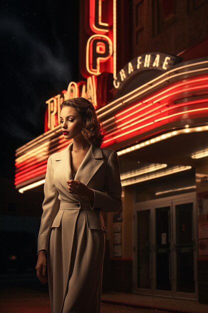 Foto una hermosa mujer con ropa de los años 30 de pie frente a un teatro marcado 'cinema' en la oscuridad