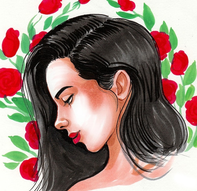 Hermosa mujer y rosas rojas. Dibujo a tinta y acuarela