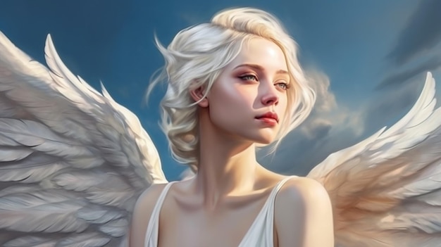 Hermosa mujer rubia con alas de ángel blanco sobre un fondo gris generativo ai