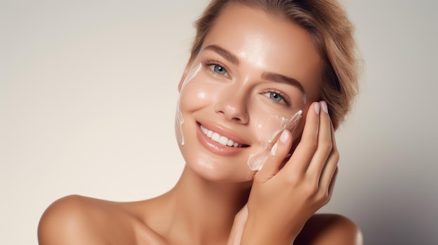 una hermosa mujer rubia aplicando crema cosmética en su rostro rutina de belleza y autocuidado