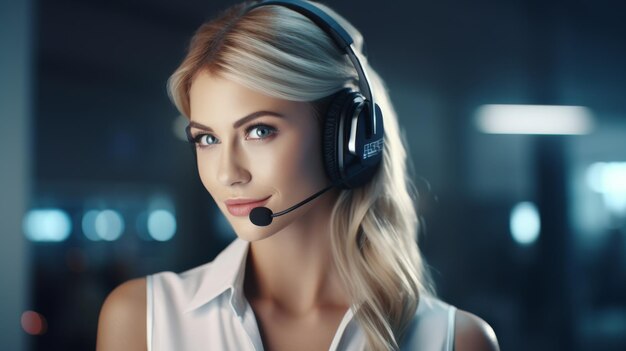 Una hermosa mujer rubia con auriculares