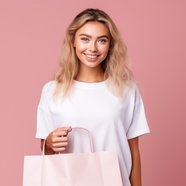 hermosa mujer rubia con una bolsa de compras