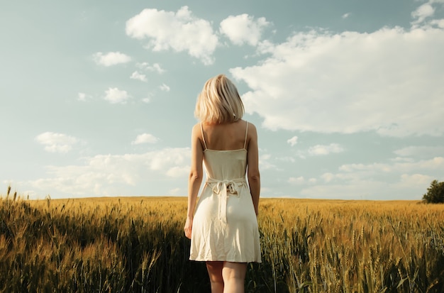 Hermosa mujer rubia en campo de trigo en la hora del atardecer