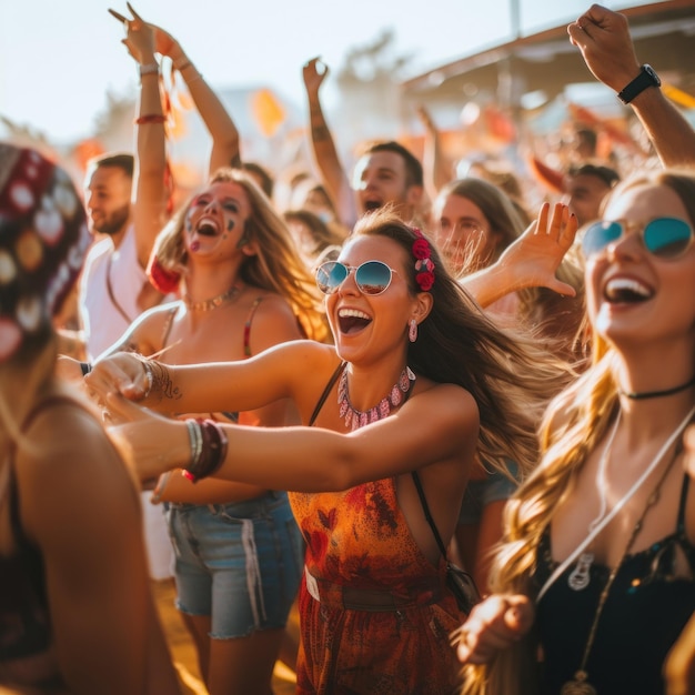 Una hermosa mujer rubia celebrando un evento hippie