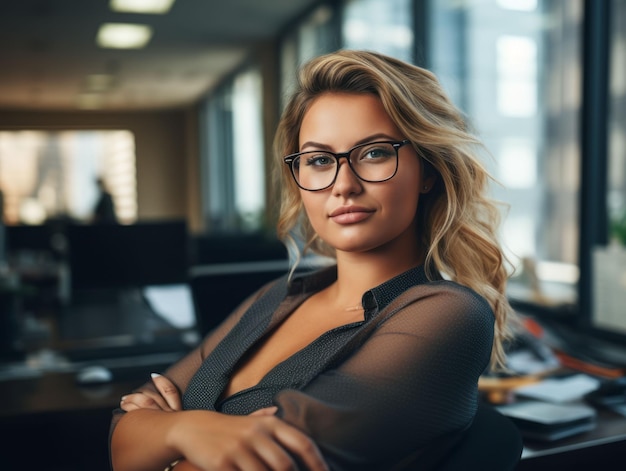 Una hermosa mujer rubia con gafas sentada en un escritorio de oficina
