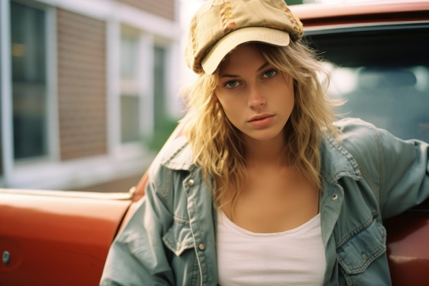 una hermosa mujer rubia con una gorra de béisbol apoyada en el capó de un auto