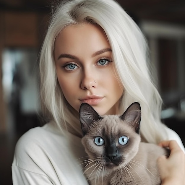 Hermosa mujer rubia con grandes ojos azules sostiene un gato siamés en sus brazos, la mujer y el gato se parecen