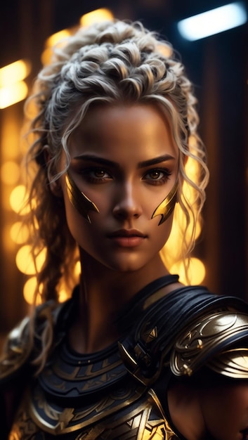 Foto hermosa mujer rubia guerrera con armadura de guerra dorada y negra