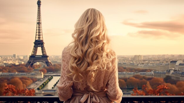 hermosa mujer rubia joven con cabello largo y un vestido blanco en París Francia