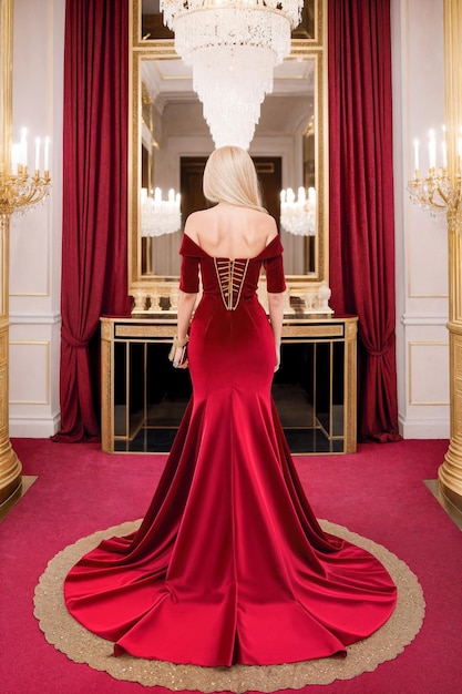 Hermosa mujer rubia en un lujoso vestido rojo de noche largo en el palacio Ropa de princesa Diseñador creativo arte de glamour de moda