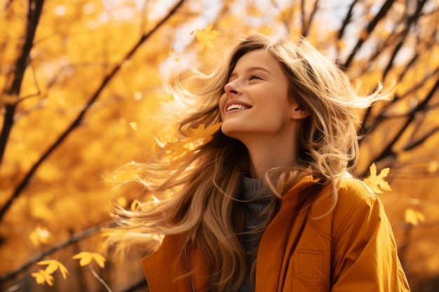 una hermosa mujer rubia con el pelo ondeando al viento