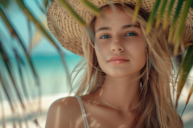 Una hermosa mujer rubia posa en una playa tropical para una sesión de fotos de moda.