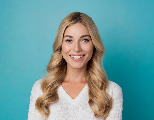 hermosa mujer rubia segura de sí misma retrato cabello largo en fondo aislado