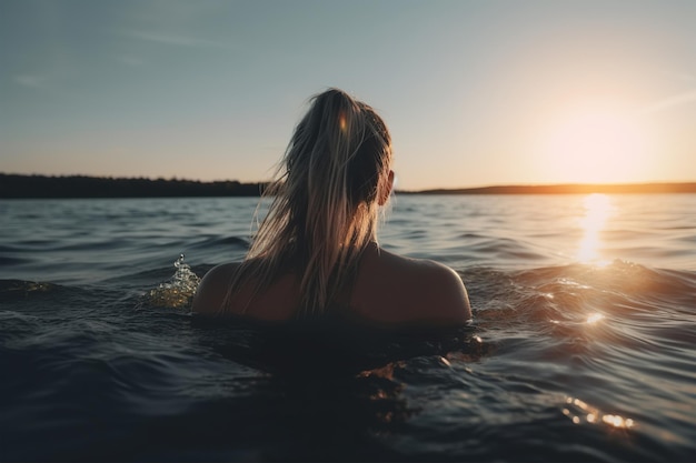 Hermosa mujer rubia solitaria nadando en el lago relajándose en el agua en la naturaleza al atardecer vista trasera IA generativa