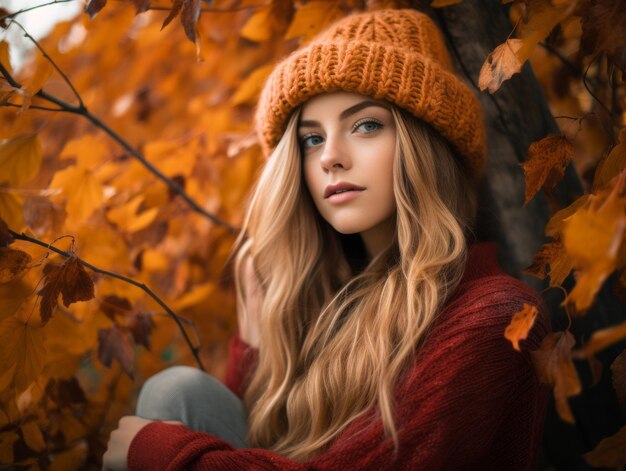 una hermosa mujer rubia con un sombrero de punto en las hojas de otoño