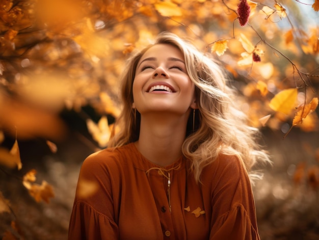 hermosa mujer rubia sonriendo en hojas de otoño