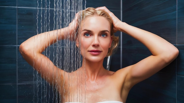 Una hermosa mujer rubia tomando una ducha.