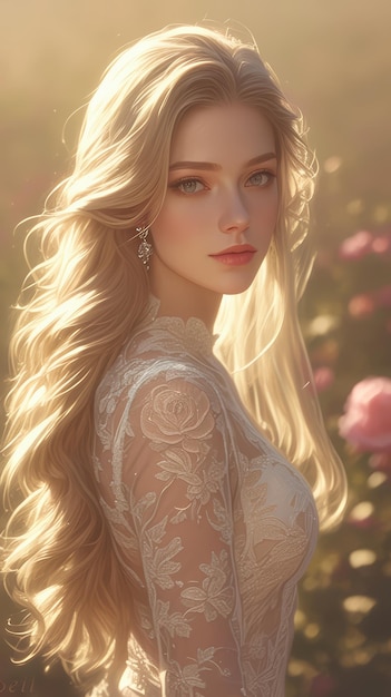 hermosa mujer rubia en un vestido blanco posando en el jardín de rosas