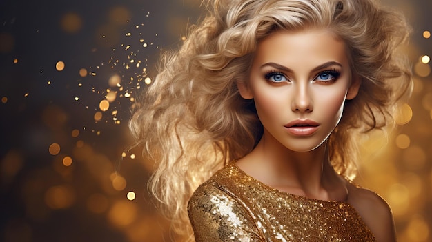 Foto una hermosa mujer rubia con un vestido dorado en un fondo brillante