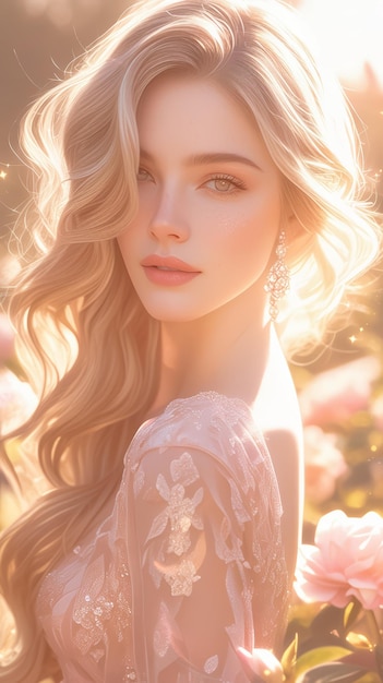 hermosa mujer rubia en un vestido de novia rosa posando en el jardín de rosas