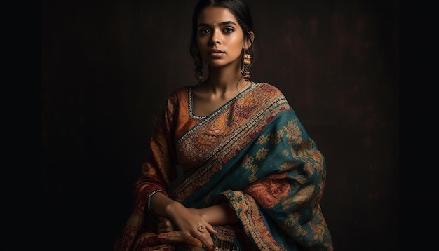 Una hermosa mujer en sari tradicional de pie con confianza generada por IA
