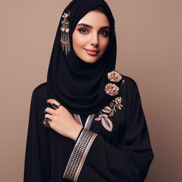 hermosa mujer saudí de pie en la tradicional abaya negra saudí