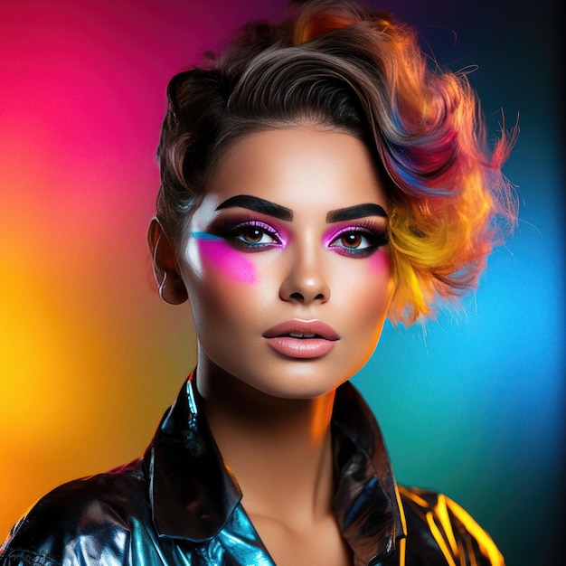 Hermosa mujer con sesión de fotos de estudio de maquillaje brillante