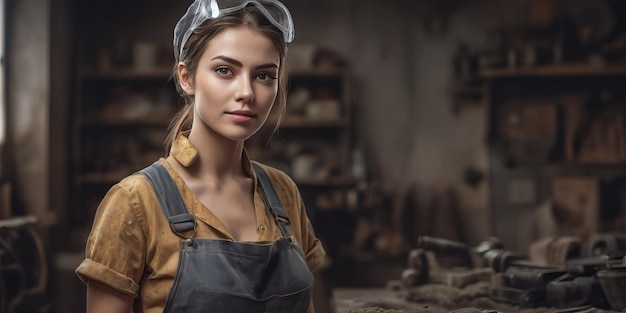 Foto una hermosa mujer sexy en mono de pie en un taller