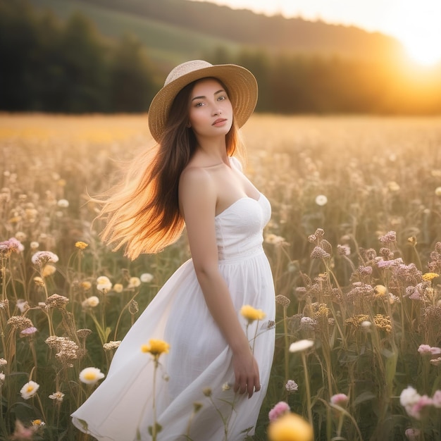 hermosa mujer con un sombrero blanco y un vestido blanco al atardecer en el campo