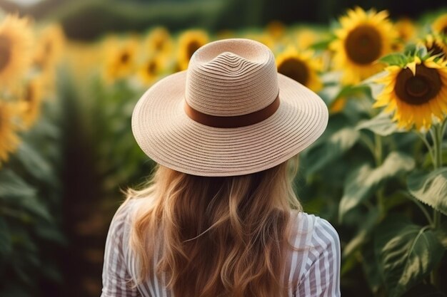 Hermosa mujer en un sombrero de paja de pie en un campo de girasol