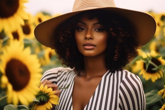 Hermosa mujer en un sombrero de paja de pie en un campo de girasol