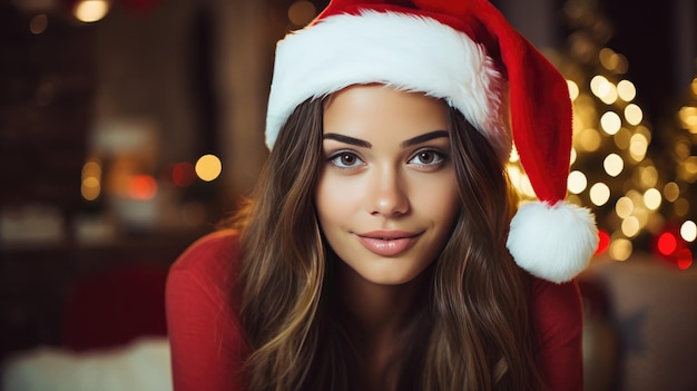 Hermosa mujer con sombrero de Papá Noel posando sobre un fondo festivo creado con tecnología Generative Al
