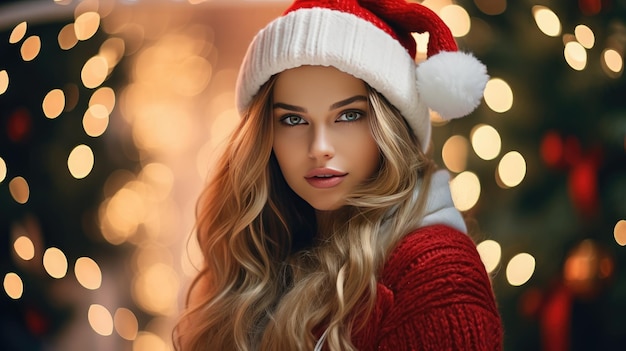 Hermosa mujer con sombrero de Papá Noel posando sobre un fondo festivo creado con tecnología Generative Al