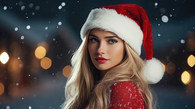 Hermosa mujer con sombrero de Papá Noel posando sobre un fondo festivo creado con tecnología Generative Al