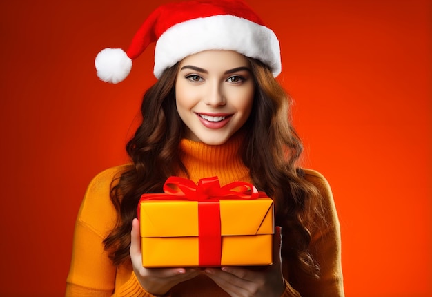 Hermosa mujer con sombrero de santa sosteniendo caja de regalo en las manos