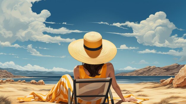 Hermosa mujer con sombrero para el sol disfrutando de la playa europea