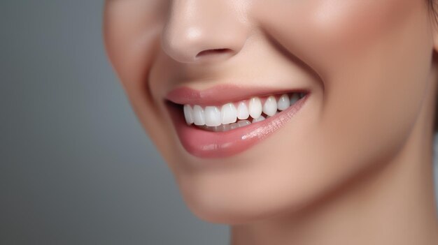 La hermosa mujer sonríe con dientes blancos y sanos concepto de odontología