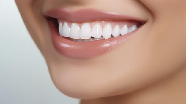 Foto la hermosa mujer sonríe con dientes blancos y sanos concepto de odontología