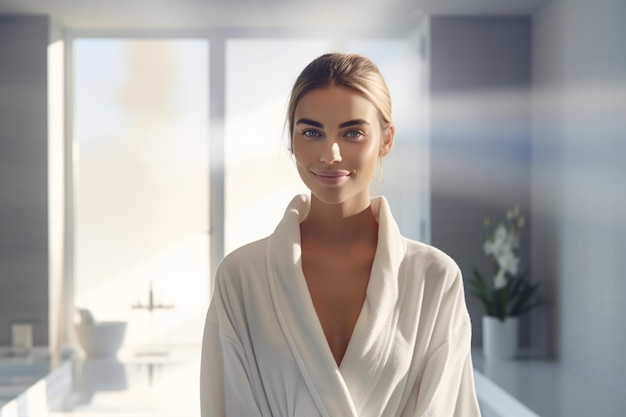 una hermosa mujer sonriendo en el baño vestida con una bata blanca por la mañana